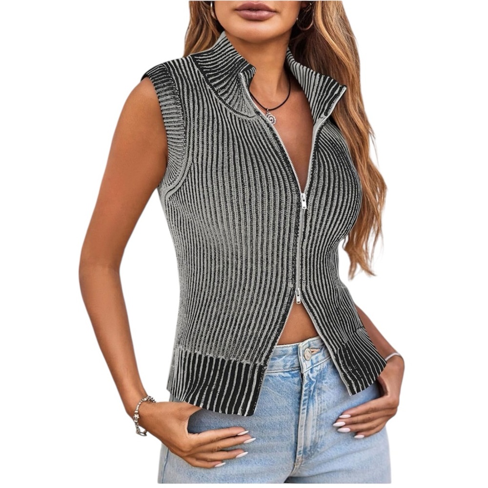 Womens Zip Up Sweater Vest Sleeveless Ribbed Knit V Neck Collared Striped Top - Picture 4 of 8